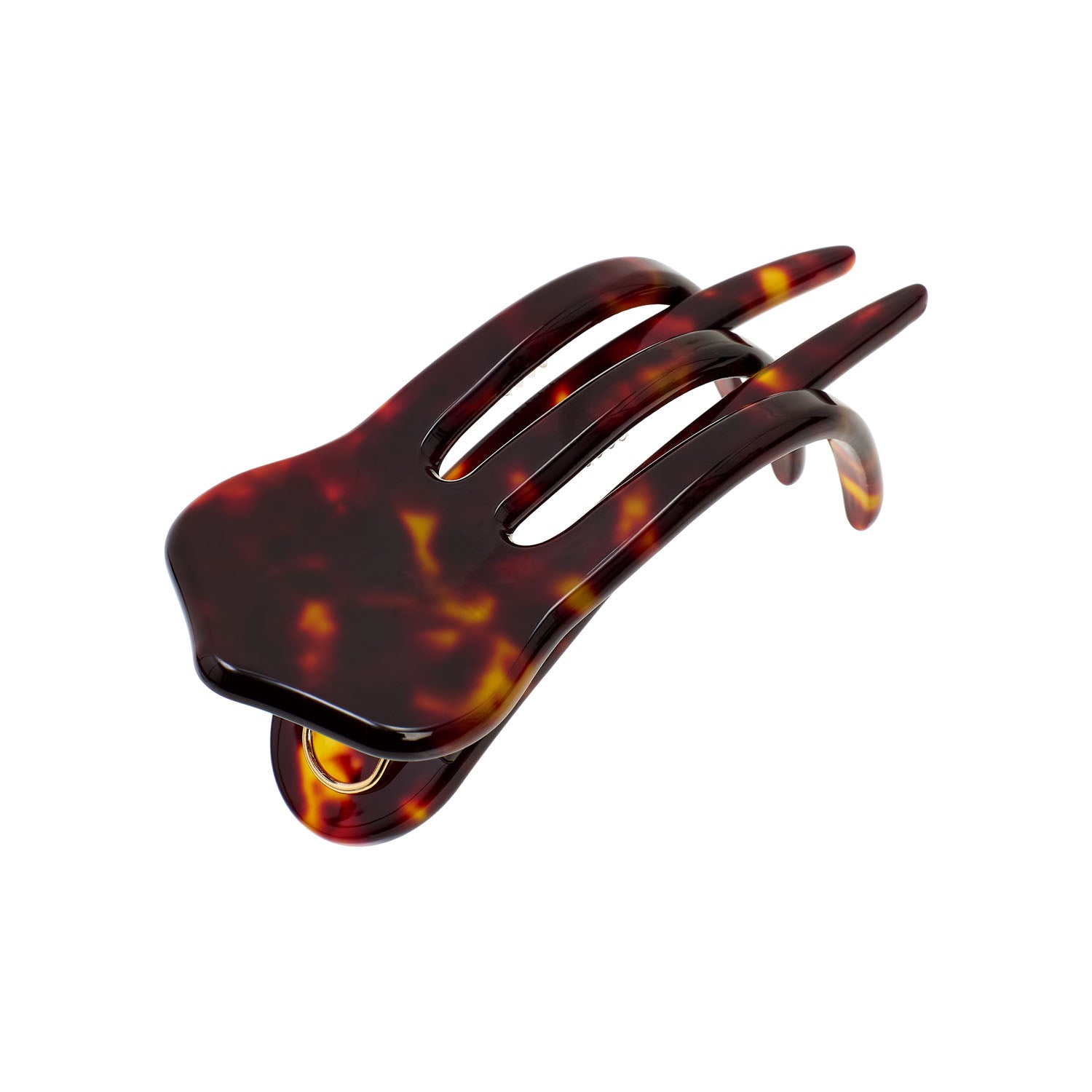 A tortoiseshell hair claw clip with a glossy amber, brown, and black mottled pattern, shown on a plain white background.