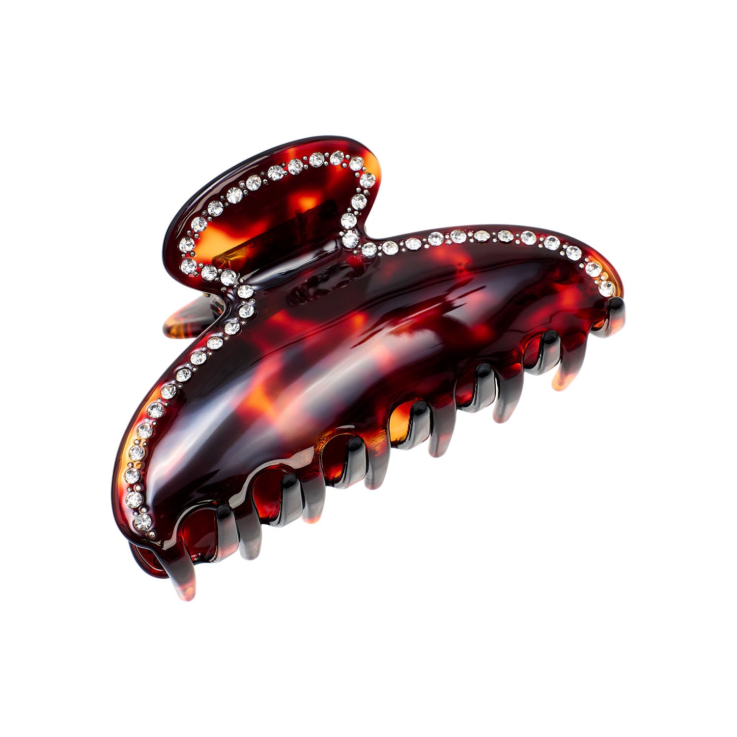 A tortoiseshell hair claw clip decorated with clear rhinestones along the outer edge, shown on a plain white background.